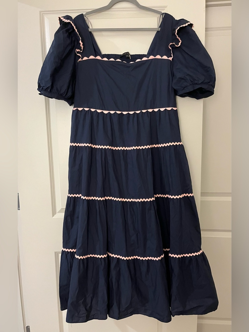 English Factory Ric Rac Navy and Pink Midi Dress With Puff Sleeves Size 2x